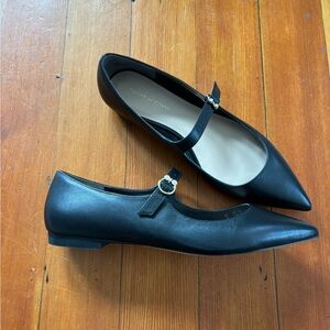 Stuart Weitzman Black Leather Mary Jane Flats Balletcore Pointed Toe | 7.5
